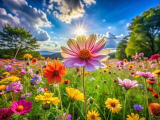 Obraz premium Vibrant colorful summer flowers blooming in a lush green meadow with soft focus background, capturing the essence of warm sunny days and tranquil natural beauty.