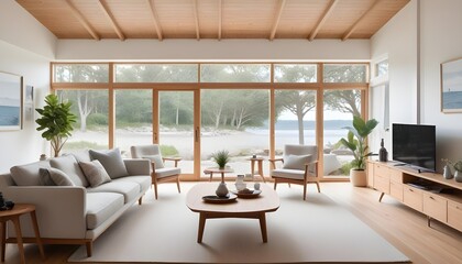 Fototapeta premium A seaside villa features a mid-century coastal home interior design for the modern living room