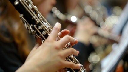 Closeup of a musician's hand playing the oboe.