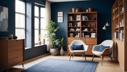 Scandinavian style interior design of a modern living room with a grey barrel chair against a window and wooden shelving unit and cabinet on a dark wall