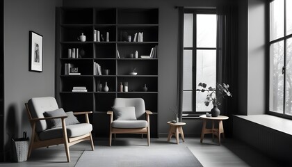 Scandinavian style interior design of a modern living room with a grey barrel chair against a window and wooden shelving unit and cabinet on a dark wall