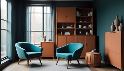 Scandinavian style interior design of a modern living room with a grey barrel chair against a window and wooden shelving unit and cabinet on a dark wall