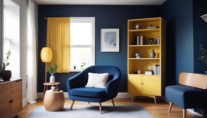 Scandinavian style interior design of a modern living room with a grey barrel chair against a window and wooden shelving unit and cabinet on a dark wall