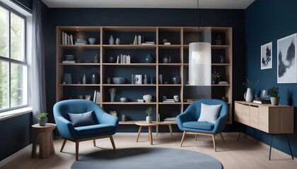 Scandinavian style interior design of a modern living room with a grey barrel chair against a window and wooden shelving unit and cabinet on a dark wall