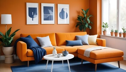 Fototapeta premium Scandinavian style interior design of a modern living room in a cozy serene studio apartment with an orange sofa