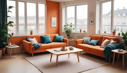Fototapeta premium Scandinavian style interior design of a modern living room in a cozy serene studio apartment with an orange sofa