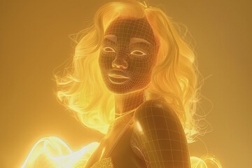 Blonde woman projecting semi-transparent 3D wireframe hologram Giggle and smile.