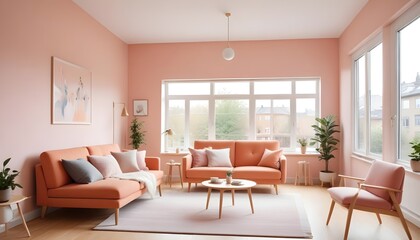Fototapeta premium Scandinavian style interior design of a modern living room in a cozy serene studio apartment with an orange sofa