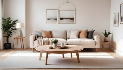 A Scandinavian-style home interior design of a modern living room includes a beige sofa and a wooden round coffee table against a white wall with two frames