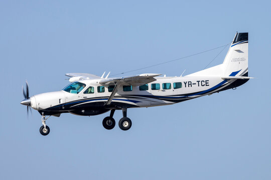 Luqa, Malta - August 2, 2024: Private Cessna 208B Grand Caravan EX (REG: YR-TCE) on finals runway 31.