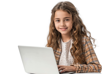 Happy Young Girl Using Laptop With Joyful Expression isolated on transparent background