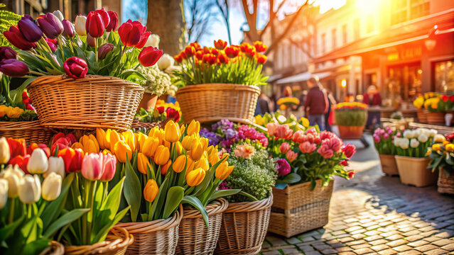 Vibrant tulips and assorted flowers overflow from woven baskets and vintage planters at a bustling street market, surrounded by lush greenery and warm sunlight.