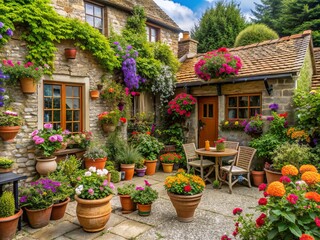 Vibrant corner patio in a quintessential English cottage garden, surrounded by overflowing pots, planters, and hanging baskets, adjacent to a charming garden bar and seating area.