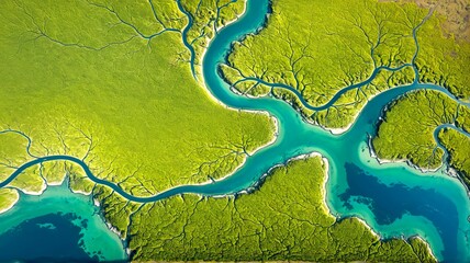 Aerial photo of nature scene of a river delta. Intricate network of waterways and lush greenery. 2