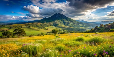 Obraz premium Breathtaking view of lush green meadows and rolling hills beneath majestic Mount Satima, Aberdare National Park, Kenya, with wildflowers swaying gently in the breeze.