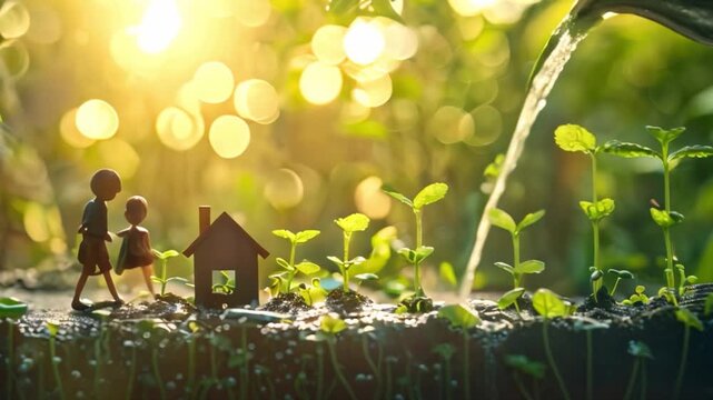 A family saving plan for basic necessities concept is depicted by water being poured over rows of rising coins with sprouts, a house, and family members	