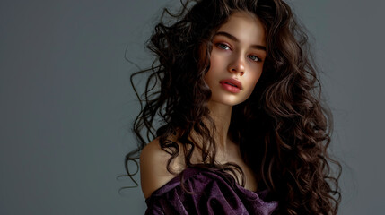 Fototapeta premium Beautiful woman with long curly hair in a dark purple dress posing against a gray backdrop.