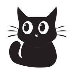 Minimalist Cute Black Cat Vector Illustration, A minimalist vector illustration of a cute black cat with big eyes and a simple design. Perfect for use in graphic projects, product design