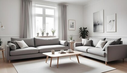 Scandinavian style home interior design of the modern living room incorporates a grey sofa, adding simplicity and elegance to the space