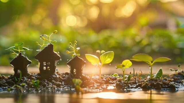A family saving plan for basic necessities concept is depicted by water being poured over rows of rising coins with sprouts, a house, and family members	