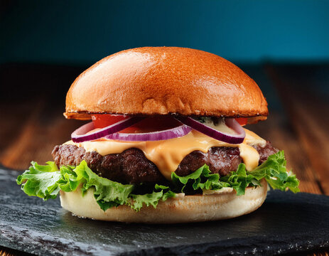 Firefly zinger burger with beef, onions, mayo and fresh salad, toned with frices. ai generated