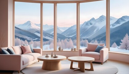 Fototapeta premium Scandinavian minimalist home interior design features a round wooden coffee table near beige sofas and an armchair against a floor-to-ceiling panoramic window with a winter mountain view