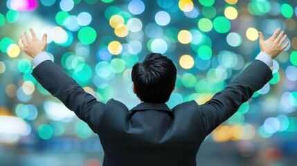 A man in a suit joyfully embraces the vibrant city lights, symbolizing success and celebration in a modern urban environment.