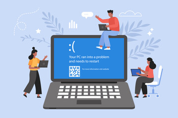 Blue Screen of Death,  BSOD system error concept. Modern vector illustration of people business team looking on laptop computer