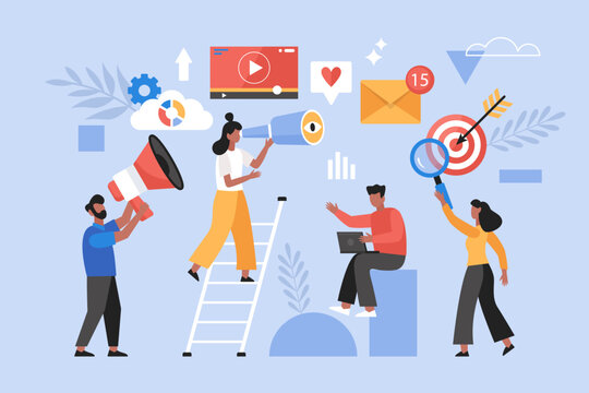 Web marketing and online advertising concept. Modern vector illustration of people business team promoting website, products and social media