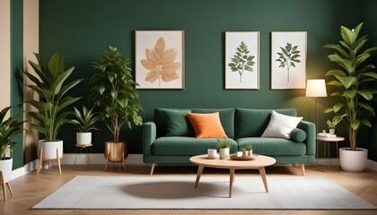 Scandinavian interior design of modern stylish living room with a cozy wooden sofa with white cushions near a dark green wall Side table with a houseplant and a potted tree