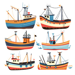Fishing boats cartoon style ocean maritime illustration. Set six colorful fishing trawlers. Isolated white background navy marine vessels, sailing vessels art trawlers. Decorative