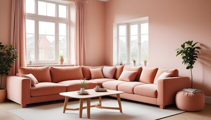 Scandinavian interior design of a modern living room with a cozy terracotta fabric corner sofa near a window