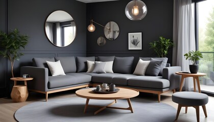 Scandinavian style home interior design of a modern living room with a grey chair and round coffee table near a corner sofa against a dark grey paneling wall