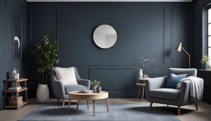 Scandinavian style home interior design of a modern living room with a grey chair and round coffee table near a corner sofa against a dark grey paneling wall