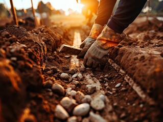 Naklejka premium Excavation site with archaeologists carefully uncovering artifacts, Historical, Soft hues, Photography