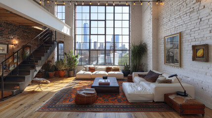 Loft interior with large windows, modern decor, plants, city view