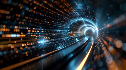 Futuristic tunnel with glowing lights and digital elements, representing high-speed data transfer and technology innovation.