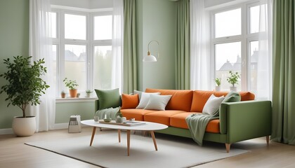 Fototapeta premium Scandinavian style home interior design of a modern living room with a cozy sofa with orange cushions near a white wall with curtains against a window