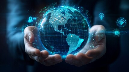 Fototapeta premium Hands holding a holographic digital globe, representing global technology, connectivity, and innovation in a futuristic concept.