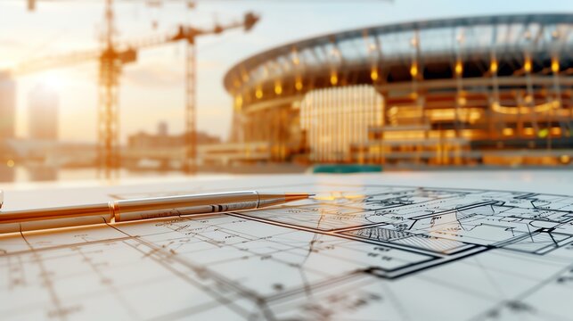 Blueprints and pen on a desk with stadium construction in the background, highlighted by a sunset and cranes in the distance.