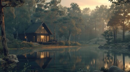 Fototapeta premium Charming Cabin Amidst Lush Greenery and Still Waters