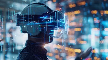 Virtual reality, lady in headset, hologram with design mockup, futuristic tech, and digital data. Research, web innovation, bokeh overlay, software developer wearing VR glasses