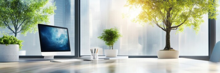 Modern office space with a desktop computer, natural light, and greenery providing a refreshing and productive work environment.