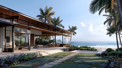 Fototapeta premium Modern beachfront villa with large glass windows, surrounded by lush greenery and palm trees, overlooking the ocean under a clear blue sky.