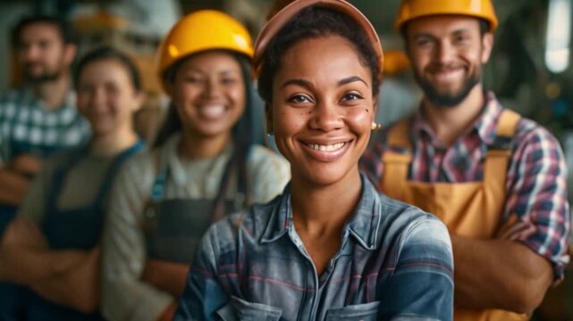 A diverse group of essential workers standing together with pride and determination, celebrating Labor Day