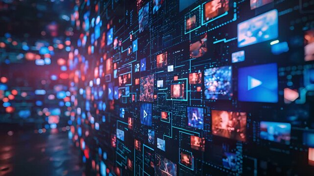 Abstract digital wall with glowing screens displaying various data and icons.  A concept for digital information overload or the internet.