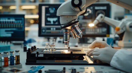 Fototapeta premium Scientist working with microscope in modern laboratory environment, focusing on research and analysis of scientific samples.