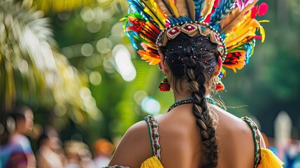 Colorful Traditional Dance at a Vibrant Carnival Festival Celebrating Latin Heritage With Dancer in Elaborate Headdress
