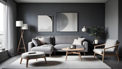 Scandinavian style home interior design of a modern living room with a grey chair and round coffee table near a corner sofa against a dark grey paneling wall