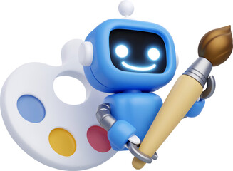 3d Vector Robot hold paintbrush with color palettes, Artificial Intelligence generative artwork concept.